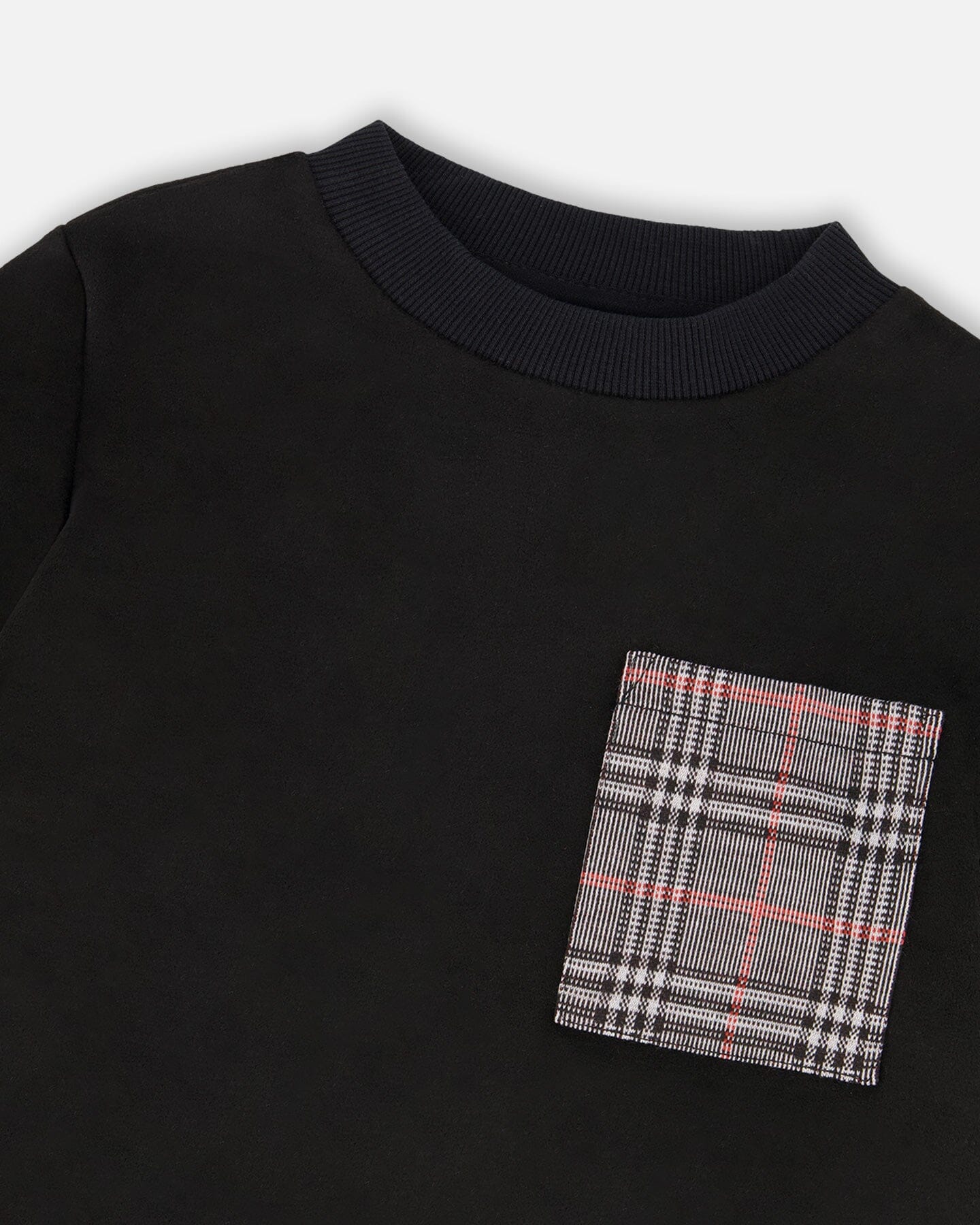 Super Soft Brushed Jersey Long Sleeve Top Black With Plaid Pocket