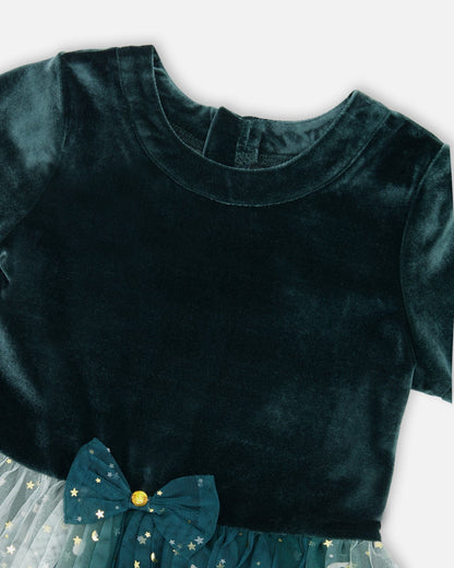 Bi-Material Short Sleeve Party Dress Forest Green