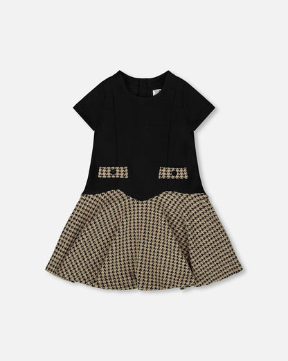 Short Sleeve Bi-Material Milano And Jacquard Knit Dress Black
