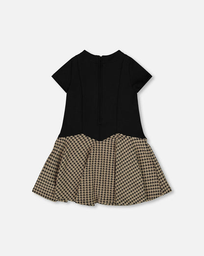 Short Sleeve Bi-Material Milano And Jacquard Knit Dress Black