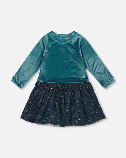 Long Sleeve Bi-Material Velvet And Pleated Mesh Dress Teal Blue