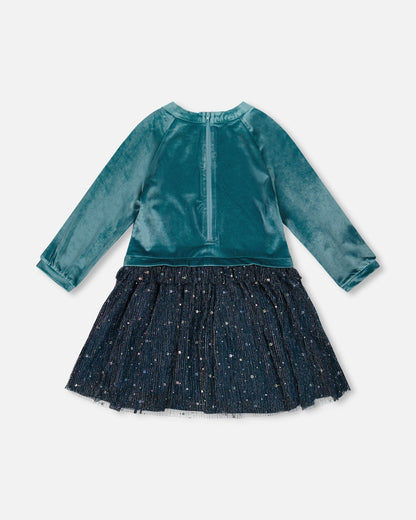 Long Sleeve Bi-Material Velvet And Pleated Mesh Dress Teal Blue
