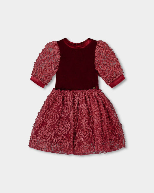 Puff Sleeve Bi-Material Velour And Lace Dress Red